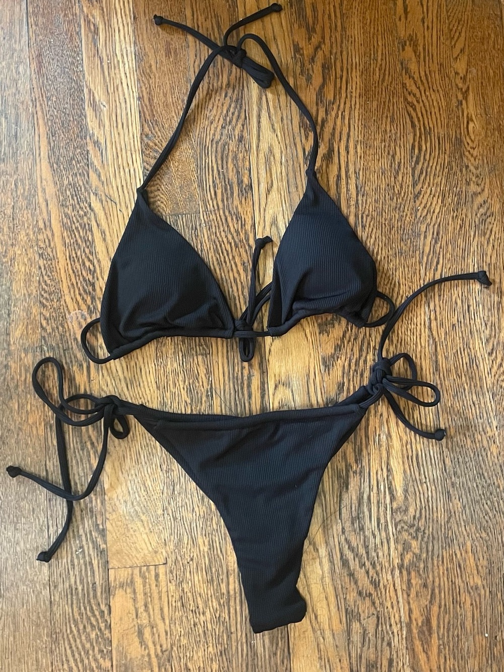 SHEIN Black Ribbed Triangle Tie-Side Bikini - M